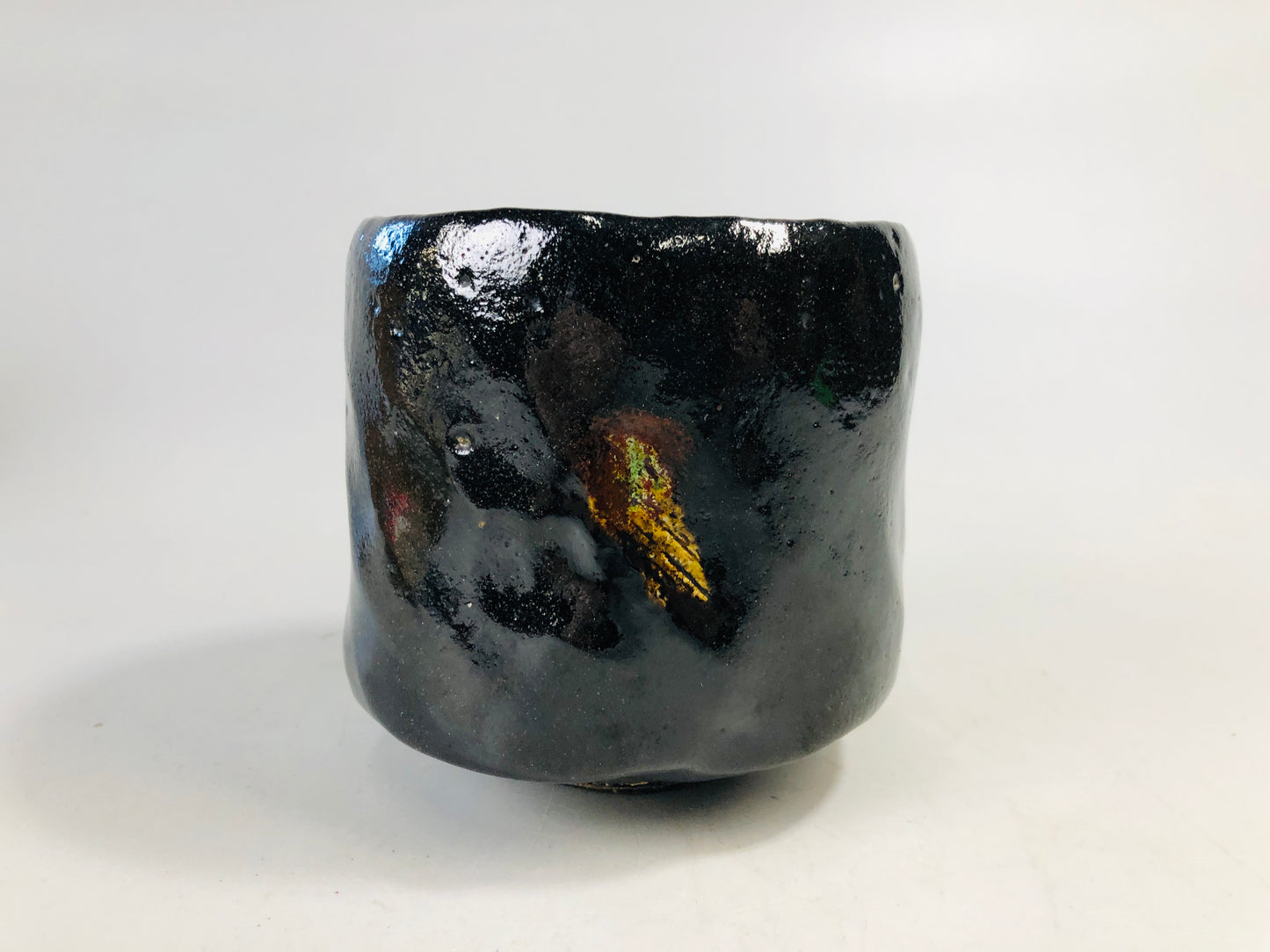 Y7167 CHAWAN Raku-ware black tube bowl signed box Japan antique tea ceremony