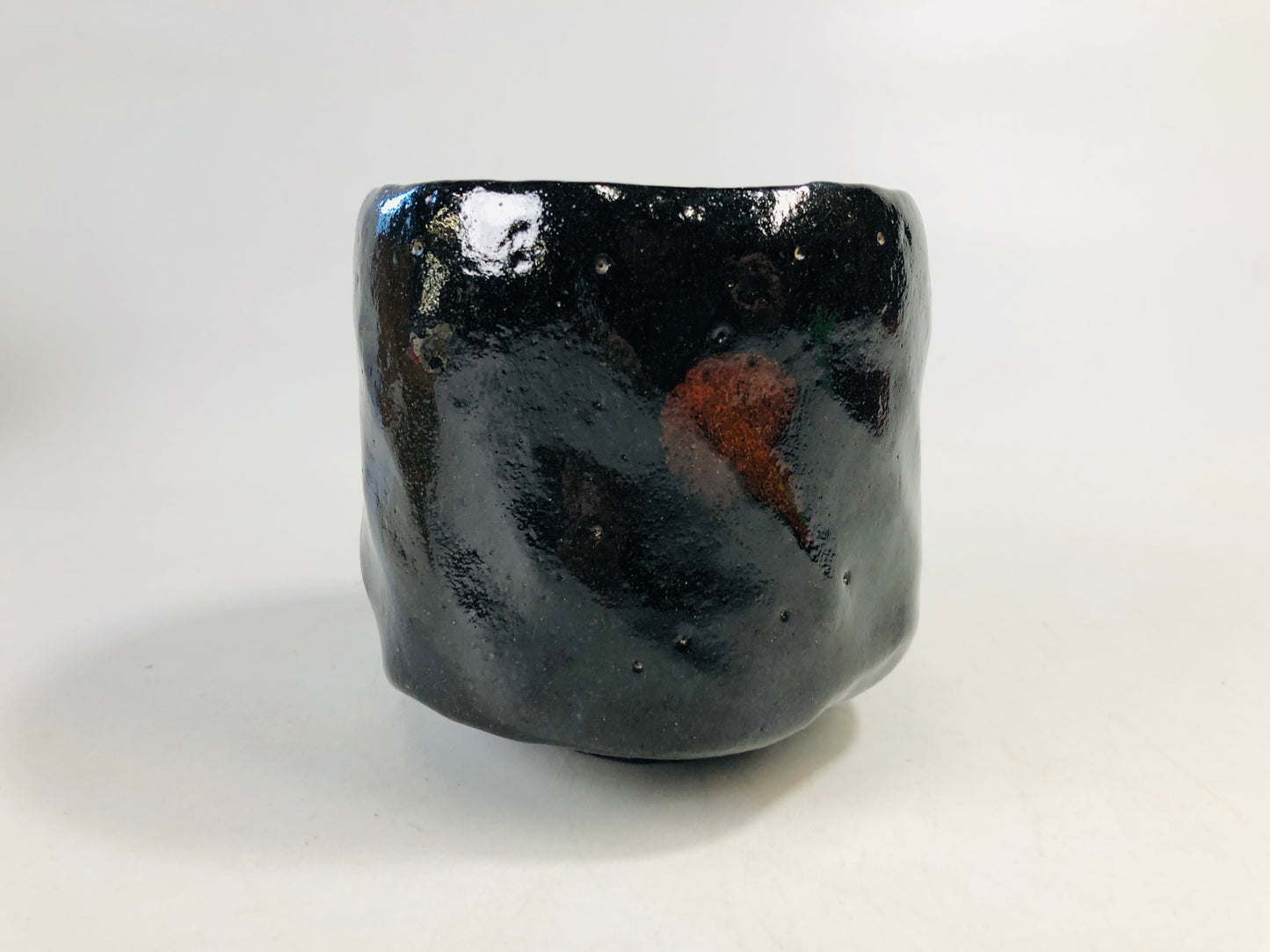 Y7167 CHAWAN Raku-ware black tube bowl signed box Japan antique tea ceremony