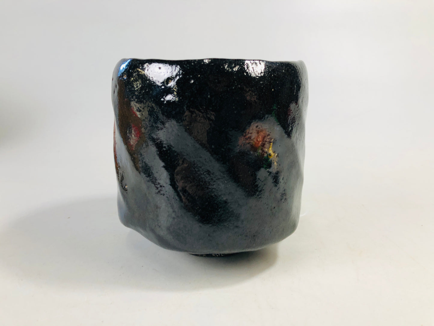 Y7167 CHAWAN Raku-ware black tube bowl signed box Japan antique tea ceremony