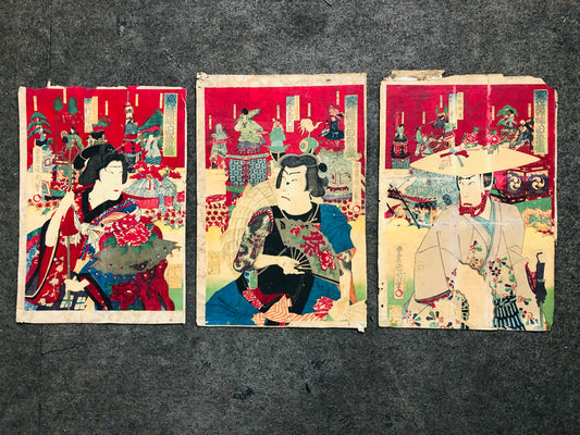 Y7175 WOODBLOCK PRINT Kunichika triptych Tattoo Kabuki Japan Ukiyoe antique art