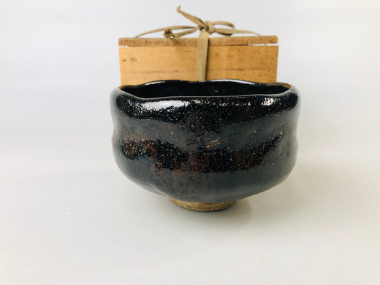 Y7181 CHAWAN Raku-ware black bowl signed box Japan antique tea ceremony pottery