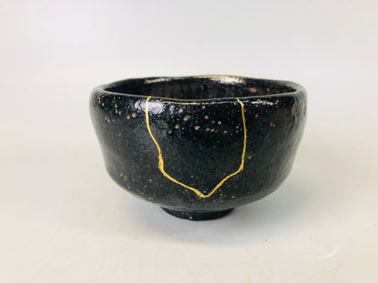 Y7207 CHAWAN Raku-ware black bowl kintsugi signed Japan antique tea ceremony cup
