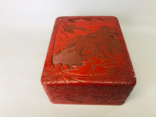 Y7217 BOX Kamakura carving letter case signed landscape Japan antique stationery