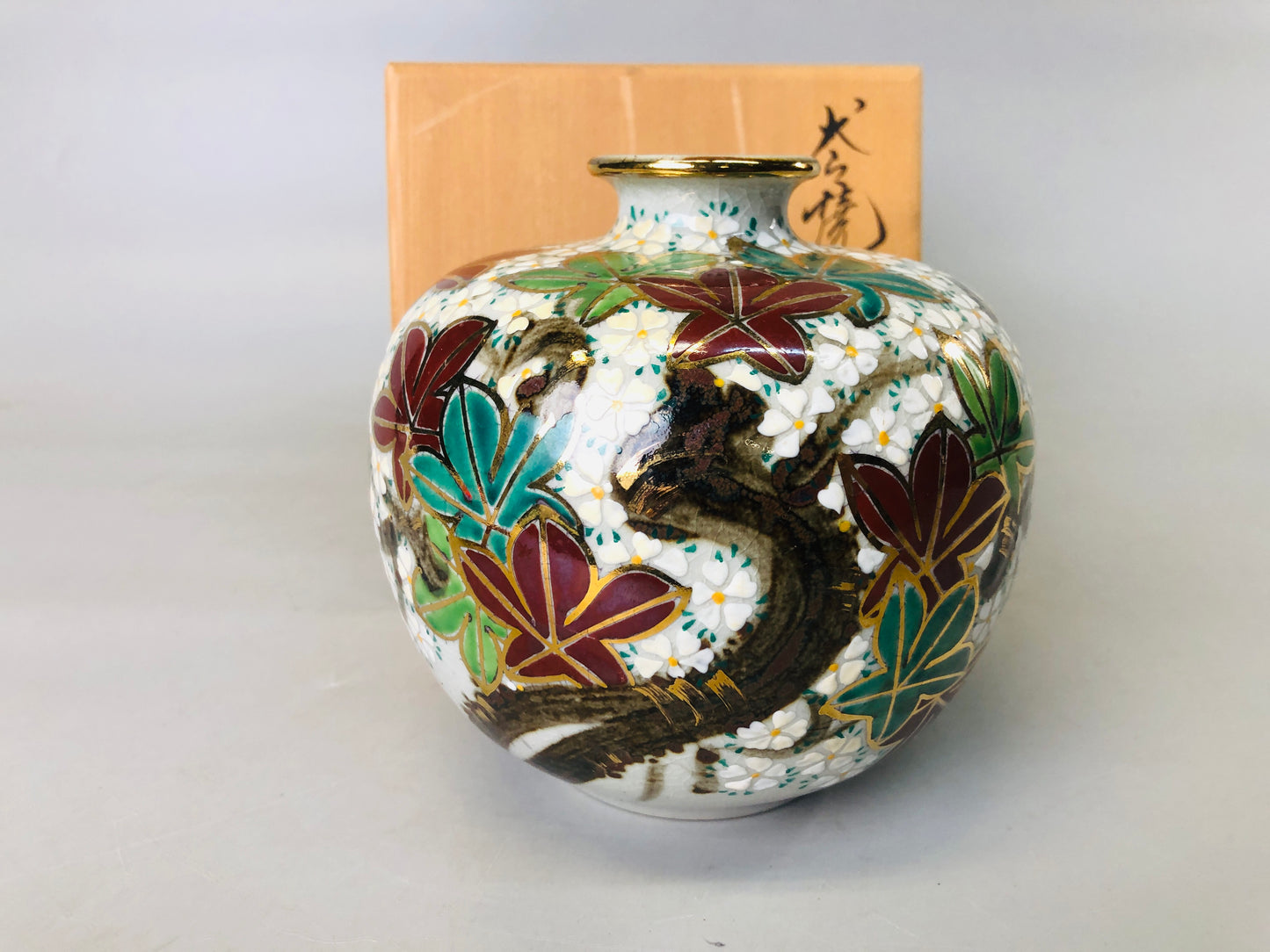 Y7218 FLOWER VASE Inuyama-ware signed box autumn leaves color Japan ikebana