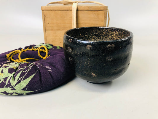 Y7243 CHAWAN Raku-ware black bowl Clamp fix bag box Japan antique tea ceremony