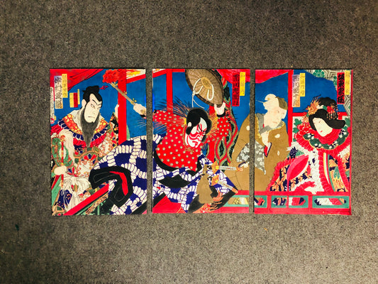 Y7255 WOODBLOCK PRINT Kunichika triptych Kabuki Japan Ukiyoe antique interior
