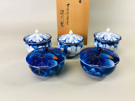 Y7271 YUNOMI Fuakgawa pottery teacup lid set of 5 signed box Japan antique cup