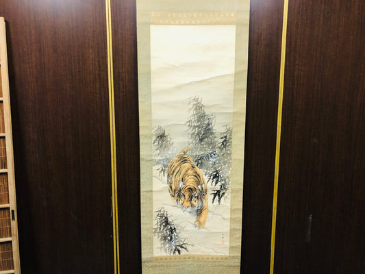 Y7276 KAKEJIKU Tiger Snow signed Japan antique hanging scroll art decor interior