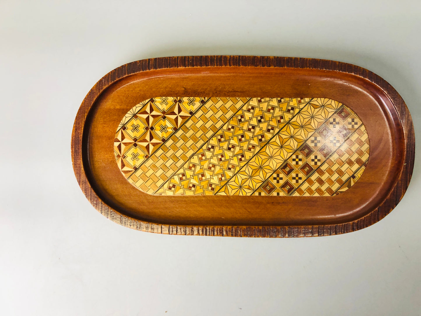 Y7289 TRAY Hakone woodwork Marquetry oval shape Japan antique wooden tableware