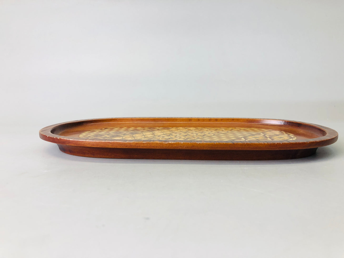 Y7289 TRAY Hakone woodwork Marquetry oval shape Japan antique wooden tableware