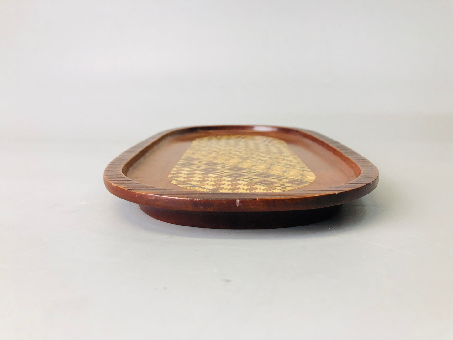 Y7289 TRAY Hakone woodwork Marquetry oval shape Japan antique wooden tableware