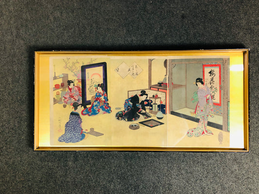 Y7306 WOODBLOCK PRINT Kunimasa triptych Tea Ceremony Japan Ukiyoe art antique