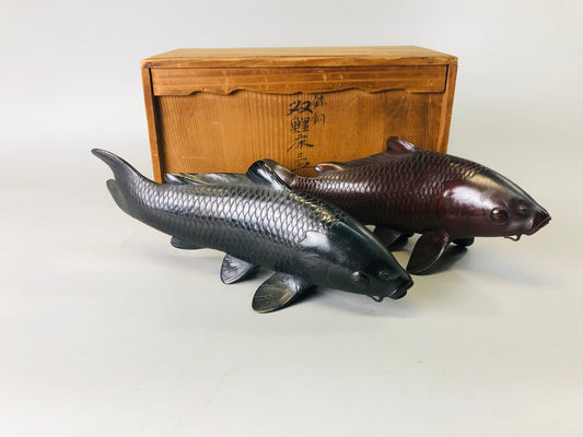 Y7316 OKIMONO Copper Koi fish figure pair signed box Japan antique interior