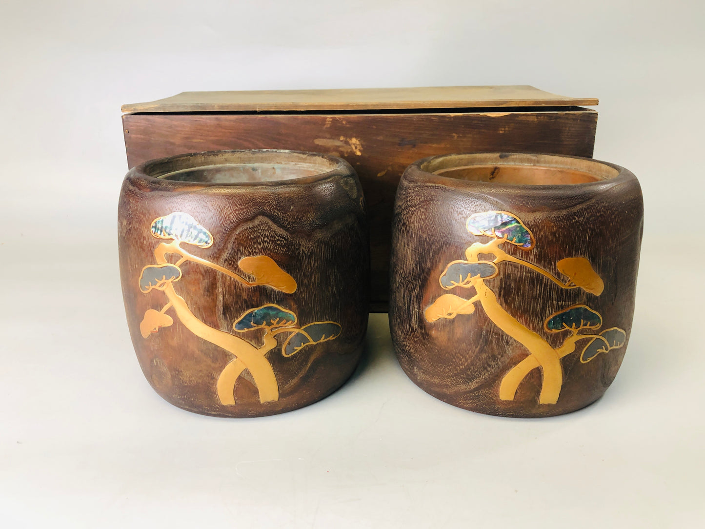 Y7318 HIBACHI Makie charcoal brazier pair box Pine Plover Japan antique interior