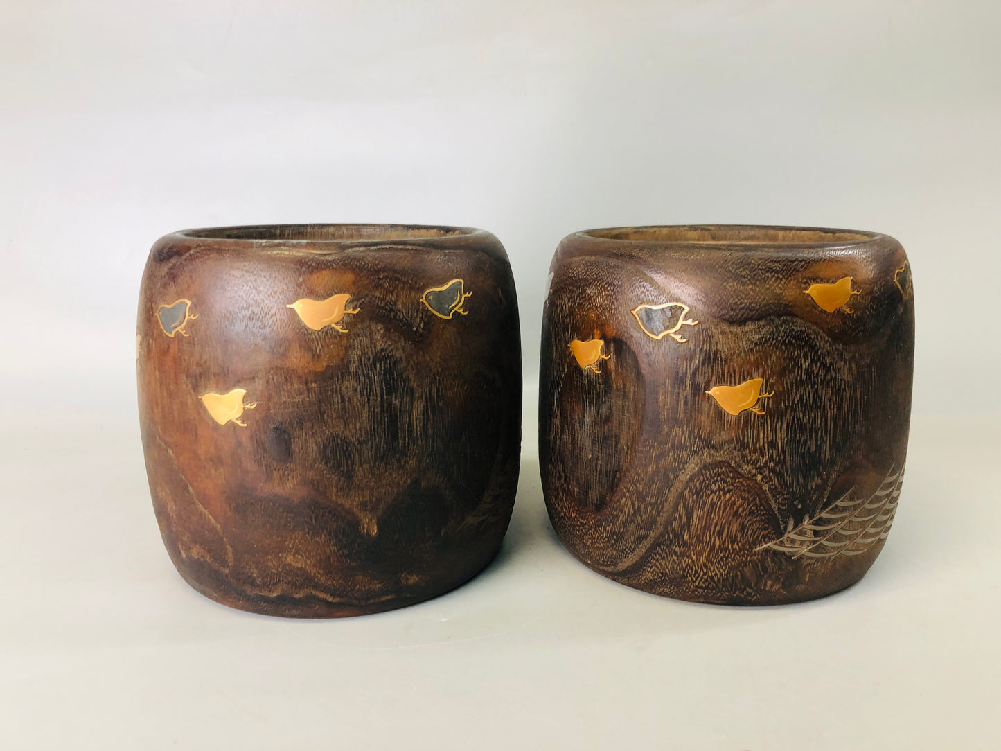 Y7318 HIBACHI Makie charcoal brazier pair box Pine Plover Japan antique interior