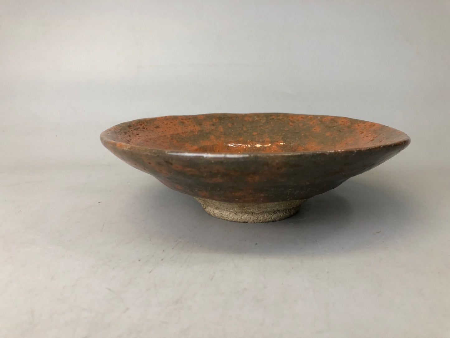 Y7342 CHAWAN Raku-ware red flat bowl signed box Japan antique tea ceremony cup