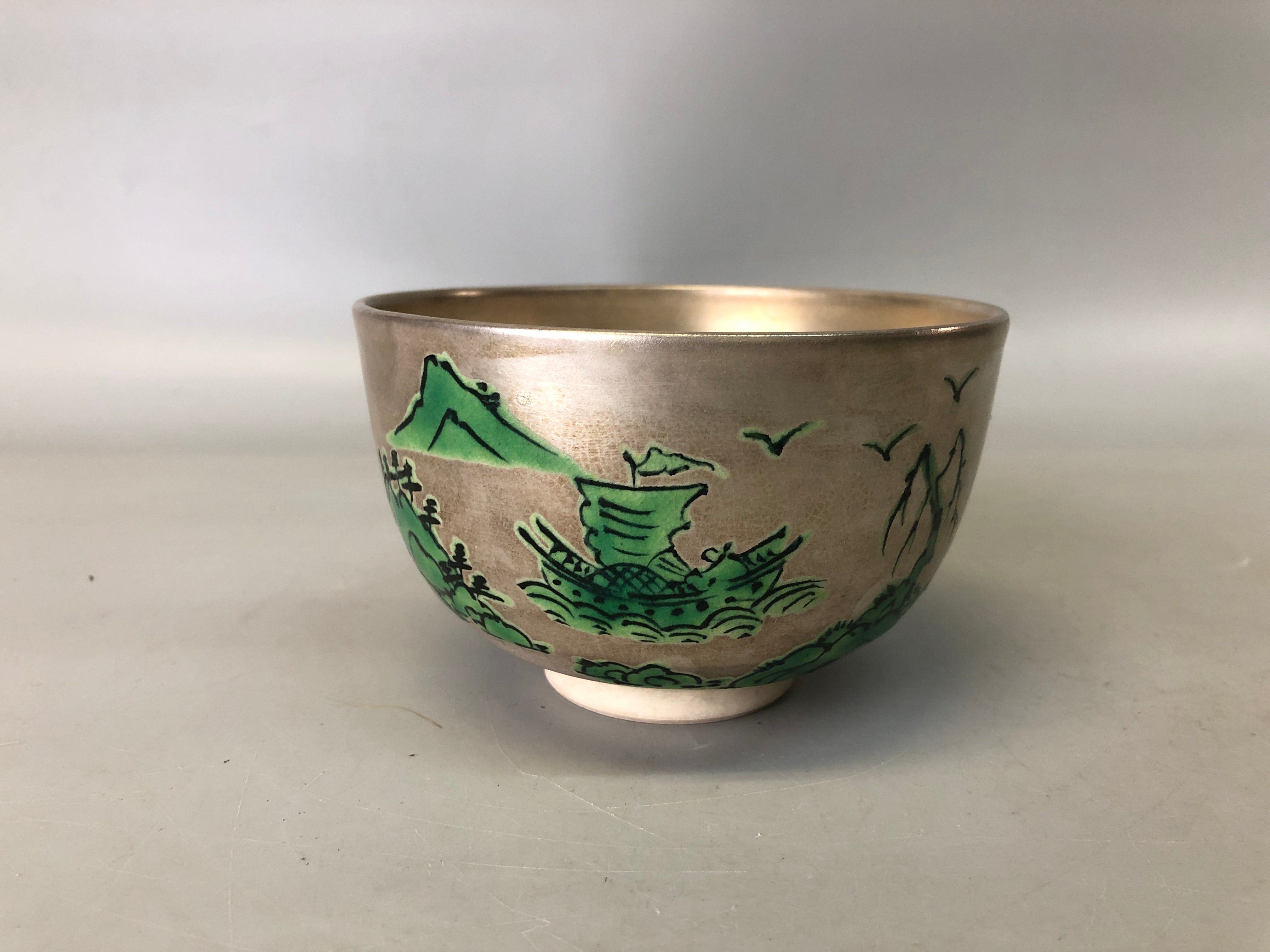Y7360 CHAWAN Kyo-ware silver color bowl signed Japan antique tea cerem ...