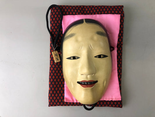 Y7378 NOH MASK wood carving Masukami signed bag Japan antique traditional omen