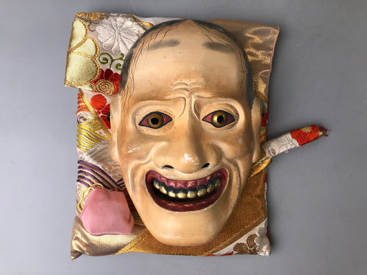 Y7393 NOH MASK wood carving signed bag Japan antique traditional men dance drama