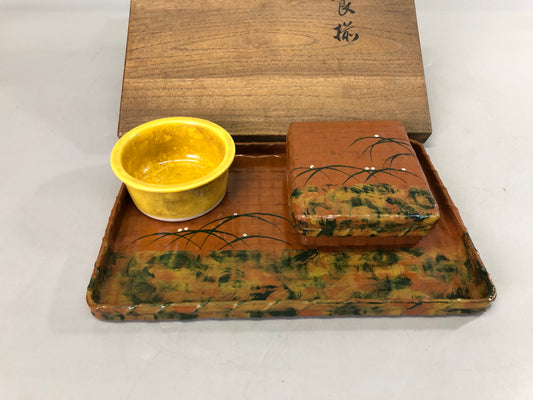 Y7397 TRAY Makie tobacco cigarette set signed box dray lacquer Japan antique