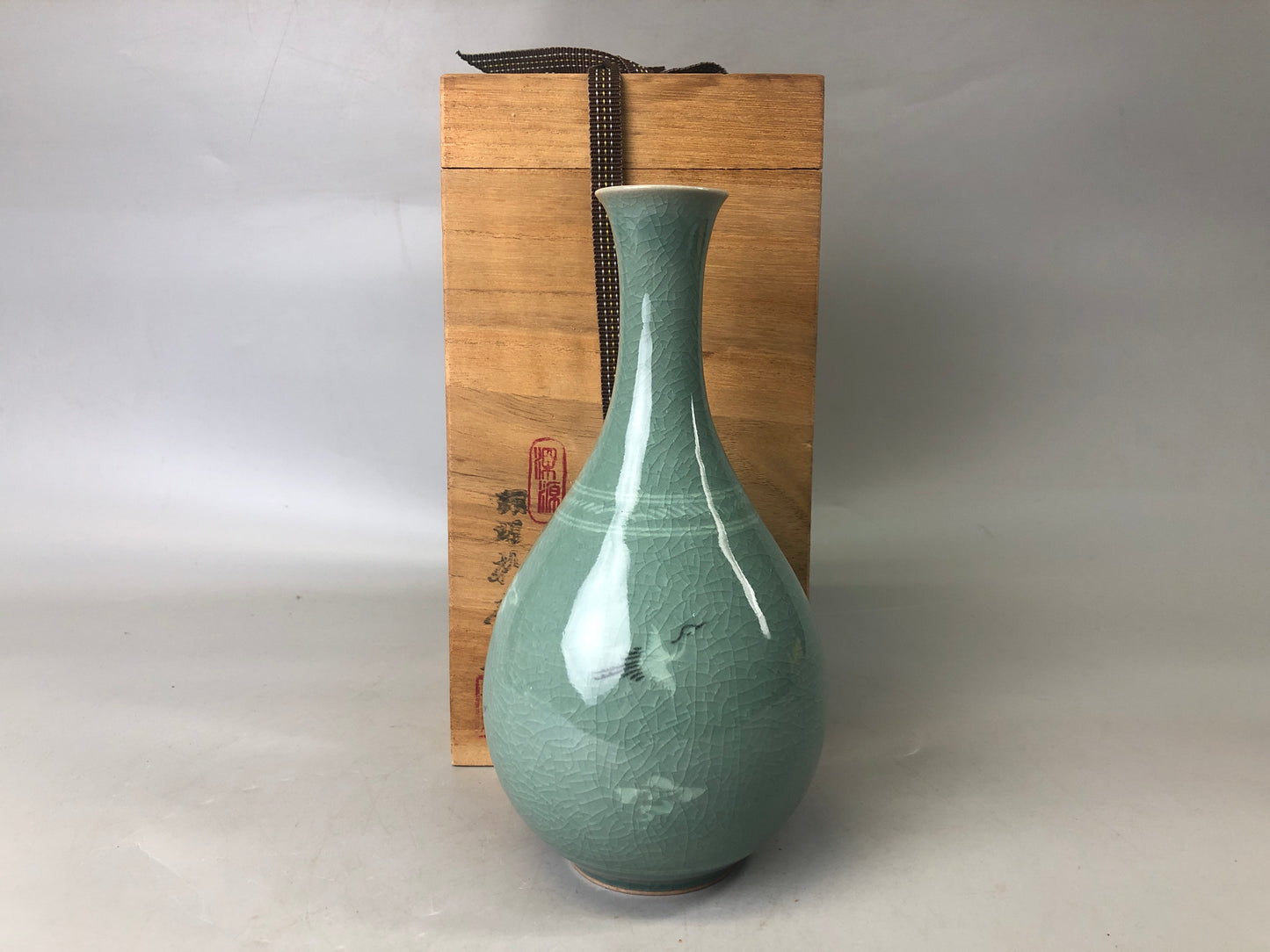 Y7428 FLOWER VASE Goryeo celadon signed box Korea ikebana flower arrangement