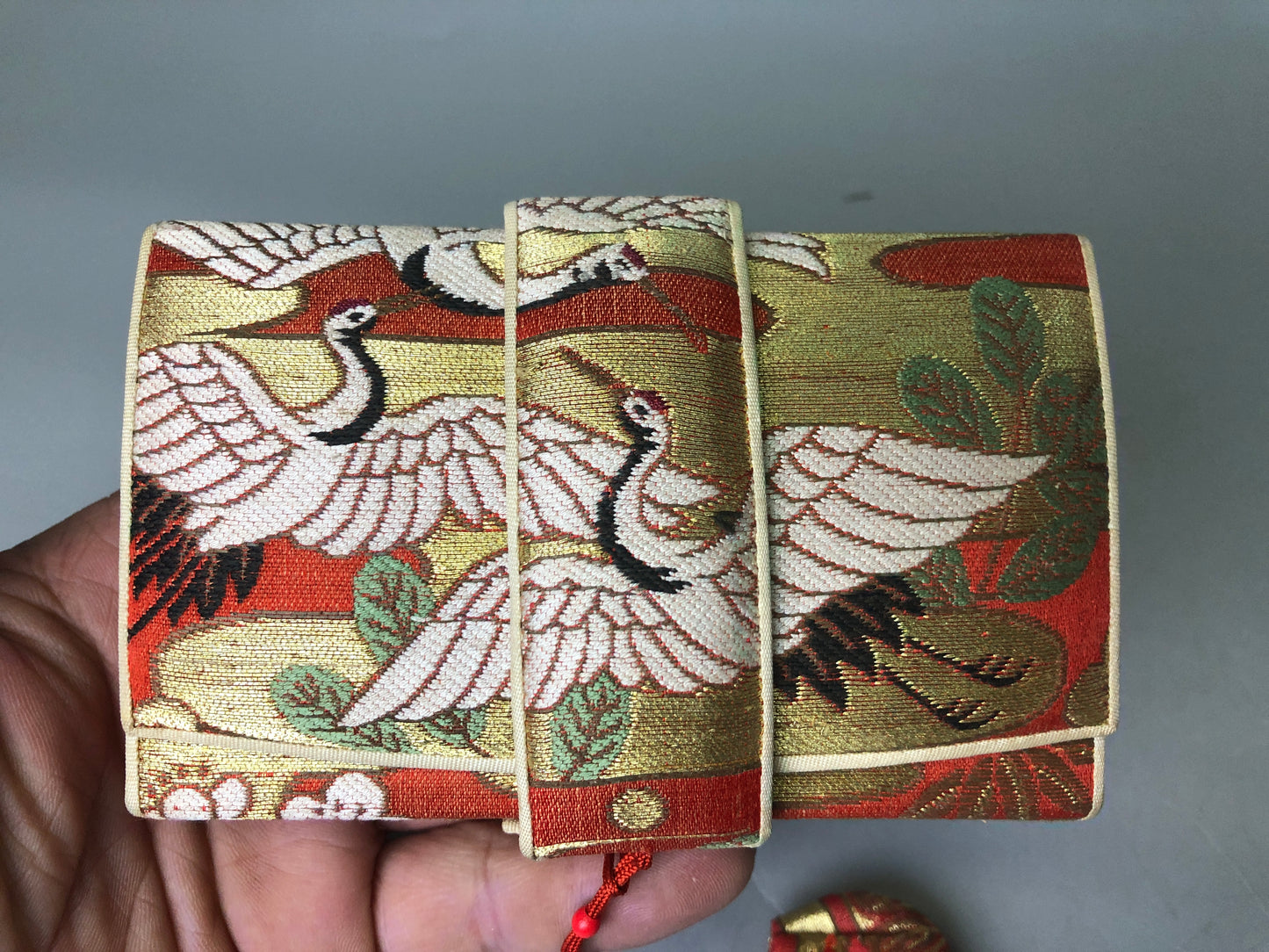 Y7452 SAGEMONO crane embroidery women box Japan antique traditional kimono