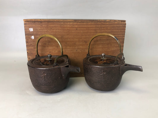 Y7455 CHOUSHI Iron kettle Sake pair box Makie lid Japan antique tableware