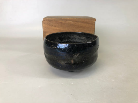 Y7467 CHAWAN Raku-ware black bowl box Japan antique tea ceremony pottery teacup