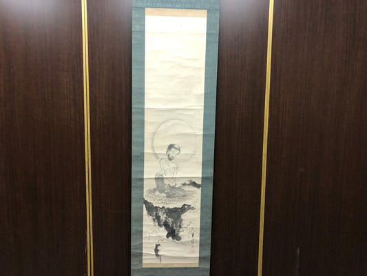 Y7519 KAKEJIKU Monk on the rock signed Japan antique hanging scroll art decor