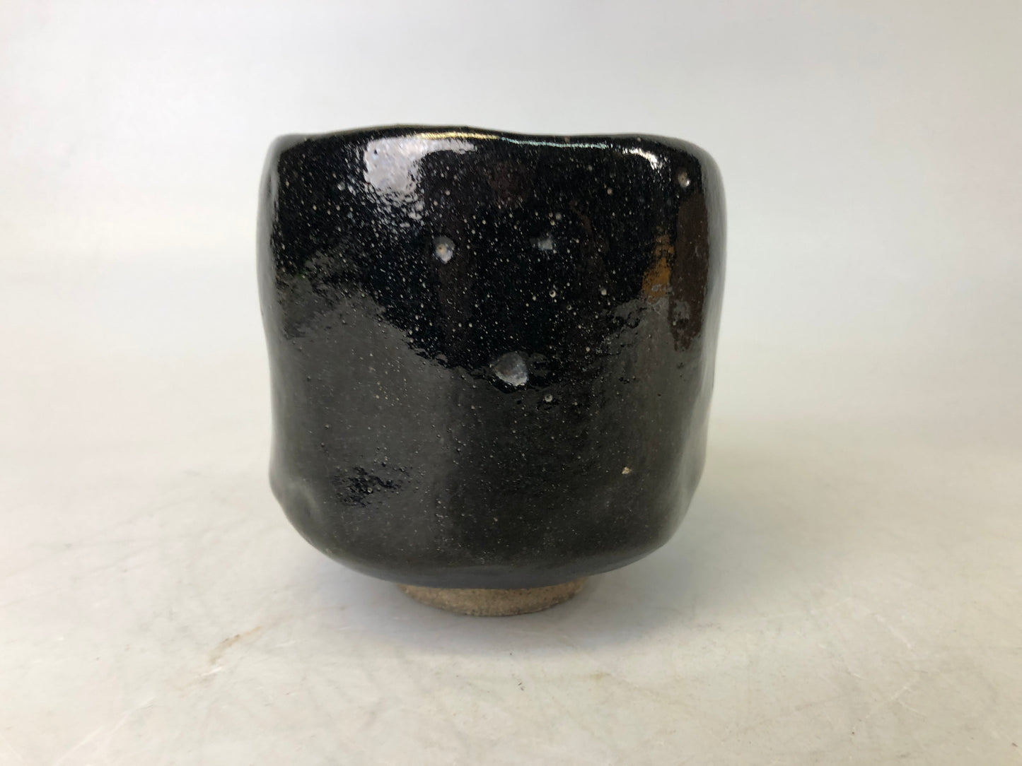 Y7539 CHAWAN Raku-ware black tube bowl signed box Japan antique tea ceremony