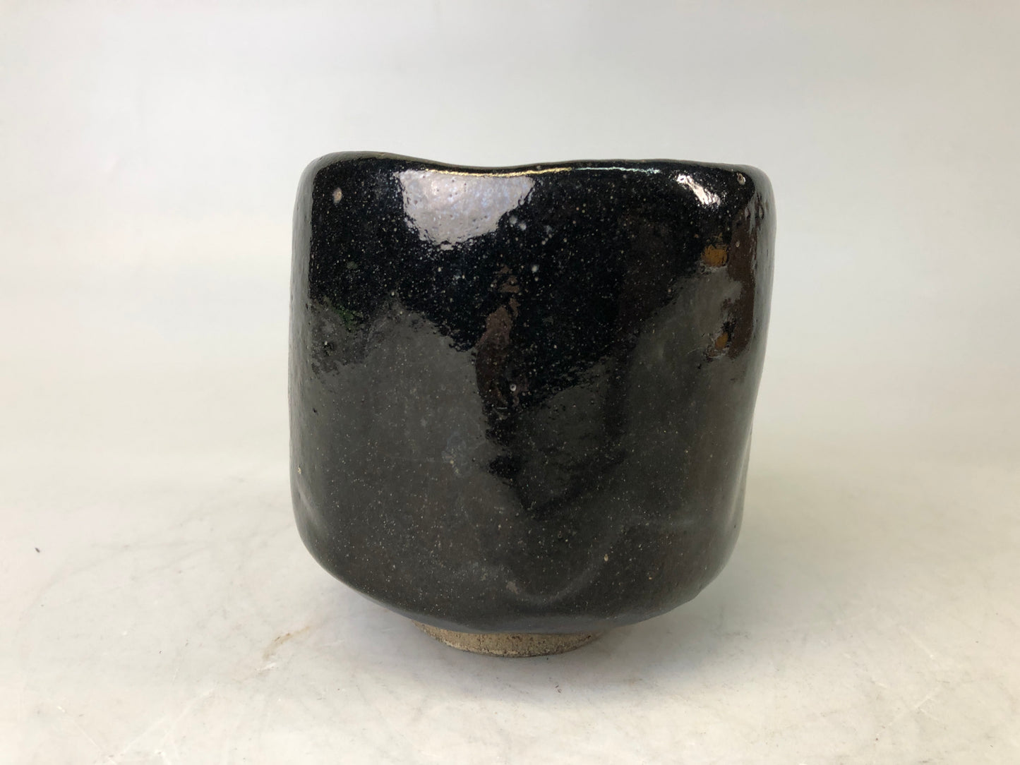 Y7539 CHAWAN Raku-ware black tube bowl signed box Japan antique tea ceremony