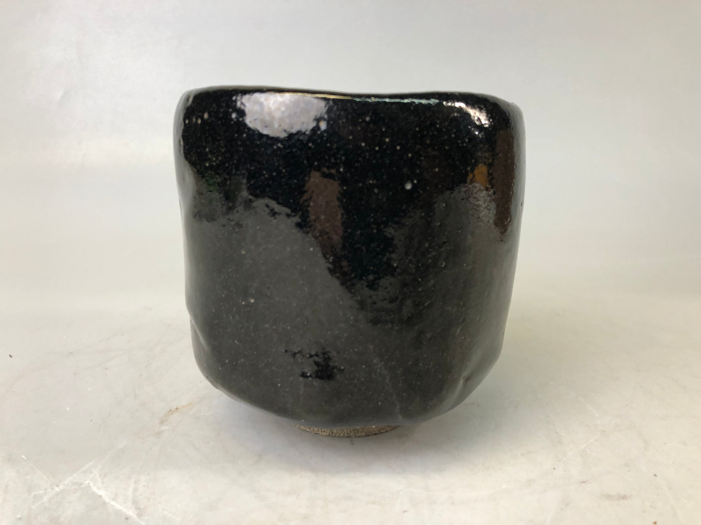 Y7539 CHAWAN Raku-ware black tube bowl signed box Japan antique tea ceremony