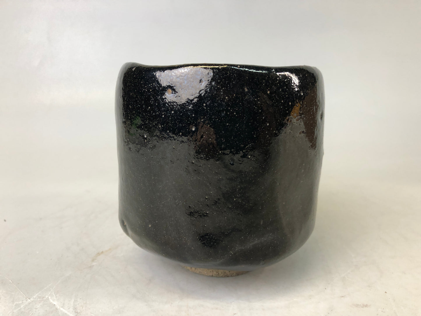 Y7539 CHAWAN Raku-ware black tube bowl signed box Japan antique tea ceremony