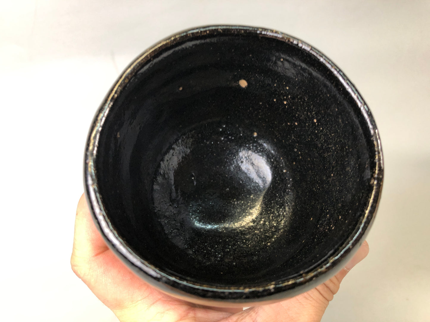 Y7539 CHAWAN Raku-ware black tube bowl signed box Japan antique tea ceremony