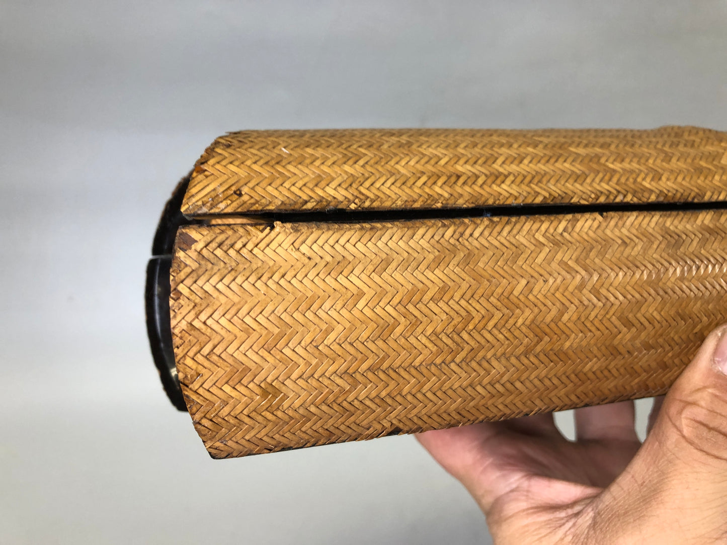 Y7542 Bamboo Woven Basket Suzuri case deformed type Japan antique container