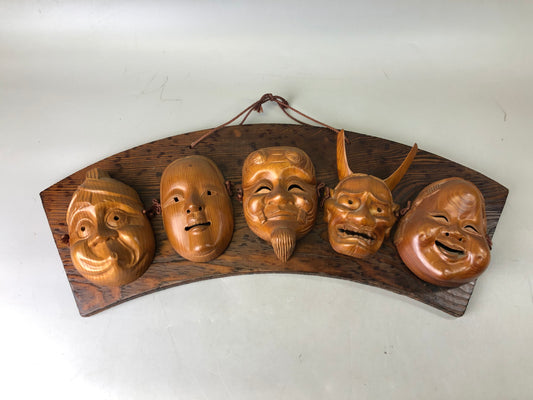 Y7573 NOH MASK wood carving set of 5 wall decor Japan antique men omen interior