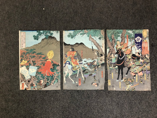 Y7584 WOODBLOCK PRINT Kuniyoshi warrior battle triptych Japan Ukiyoe antique art