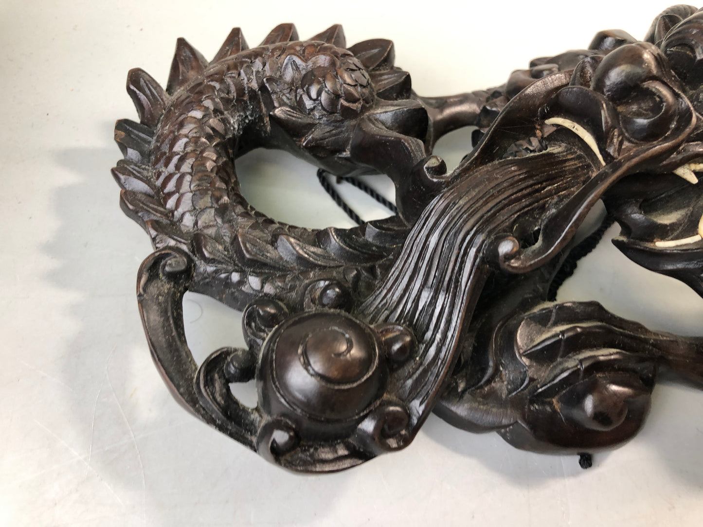 Y7586 OKIMONO wood carving Dragon wall decoration crystal  eyes Japan antique