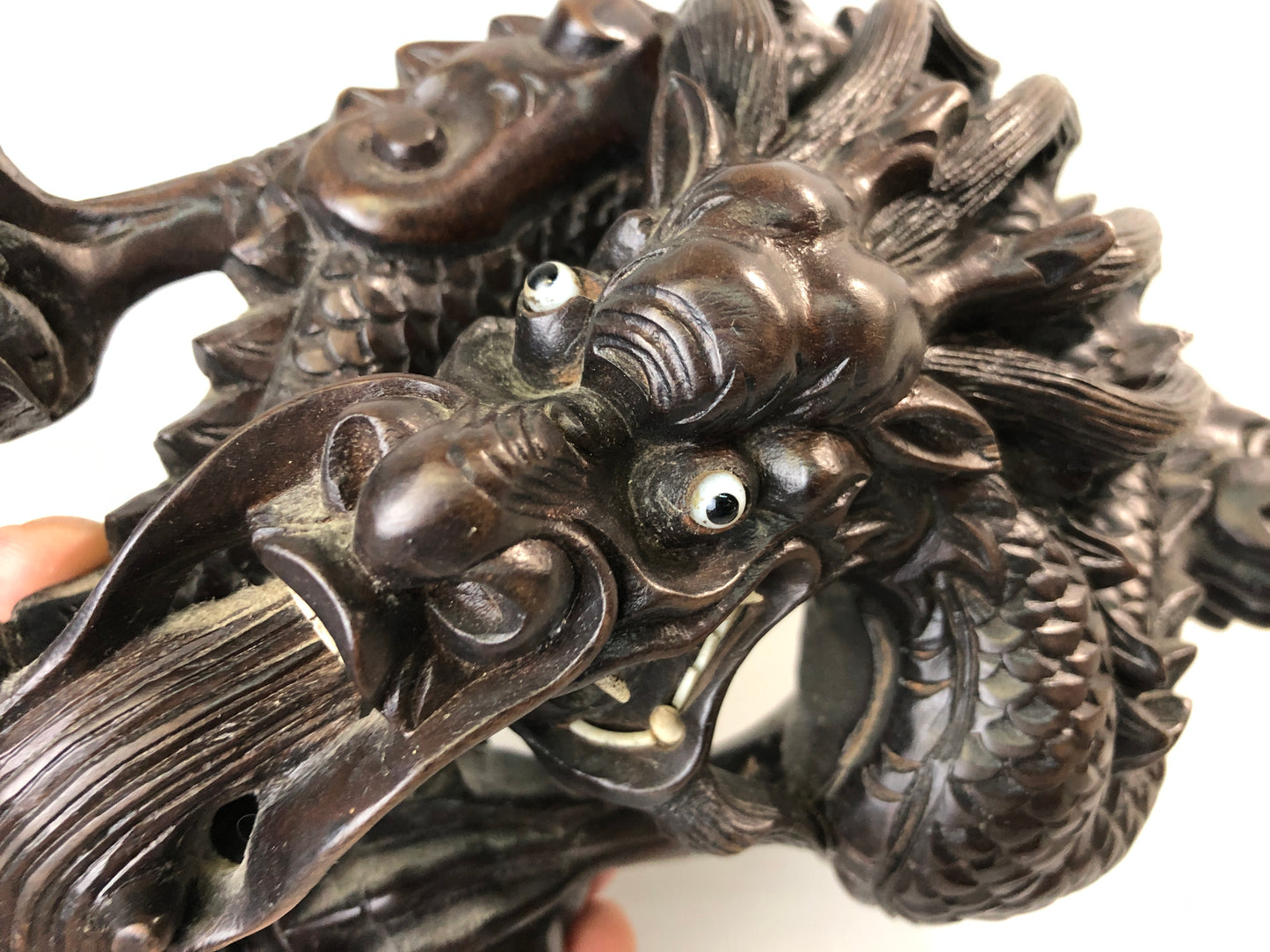 Y7586 OKIMONO wood carving Dragon wall decoration crystal  eyes Japan antique