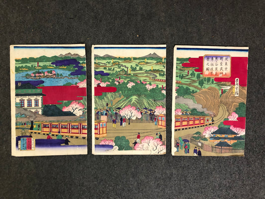 Y7589 WOODBLOCK PRINT Utagawa Shigekiyo locomotive triptych Japan Ukiyoe antique