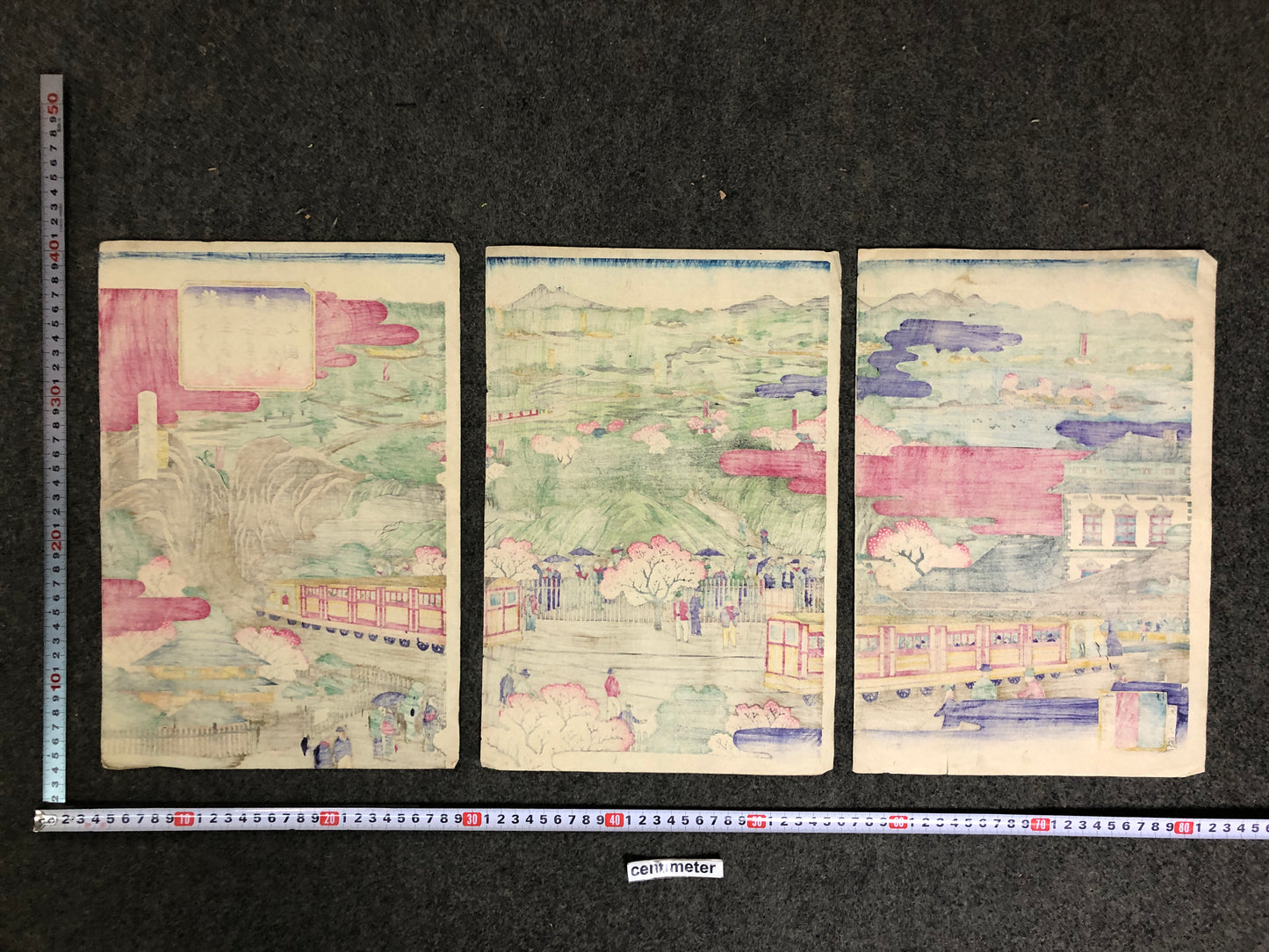 Y7589 WOODBLOCK PRINT Utagawa Shigekiyo locomotive triptych Japan Ukiyoe antique