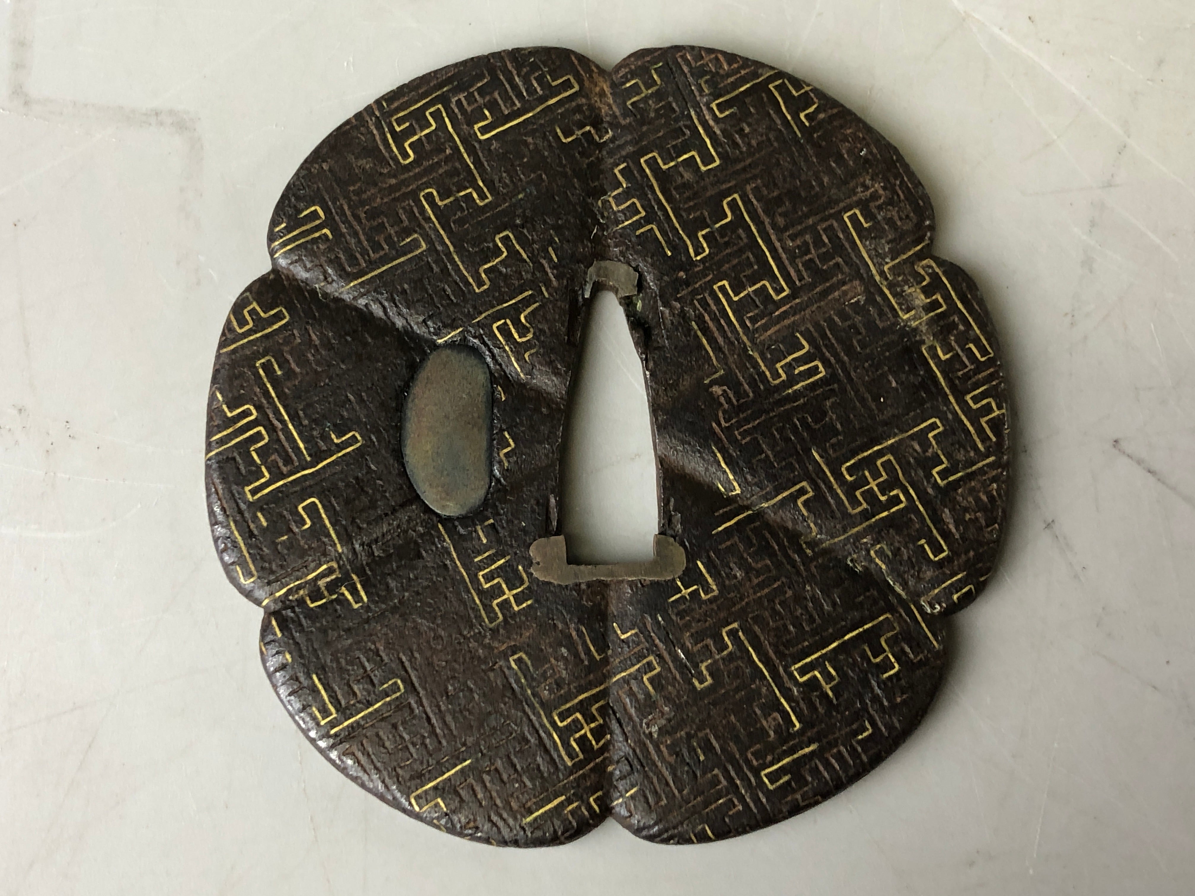 Y7647 TSUBA Iron sword guard inlay Japan samurai katana koshirae edo a ...