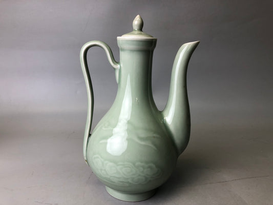 Y7724 TEA POT Celadon water jug pot cloud crane Japan antique tea ceremony