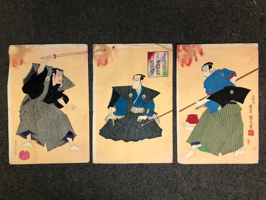 Y7735 WOODBLOCK PRINT Kunichika triptych Kabuki Japan Ukiyoe antique art vintage