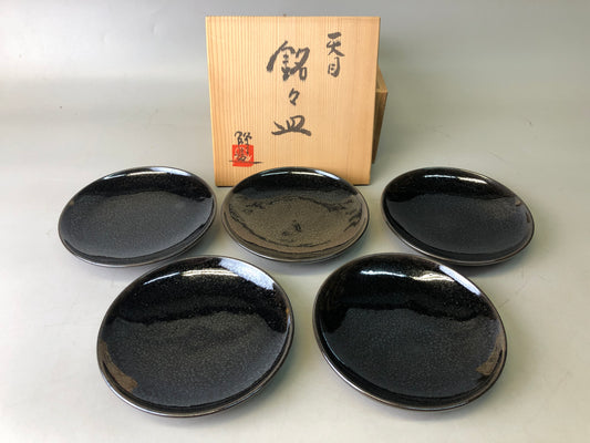 Y7749 DISH Seto-ware Tenmoku Serrving plate set of 5 signed box Japan antique