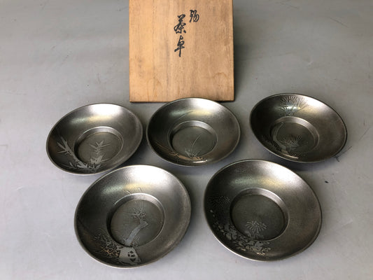 Y7783 DISH tin Chataku coaster set of 5 box Japan antique Sencha tableware