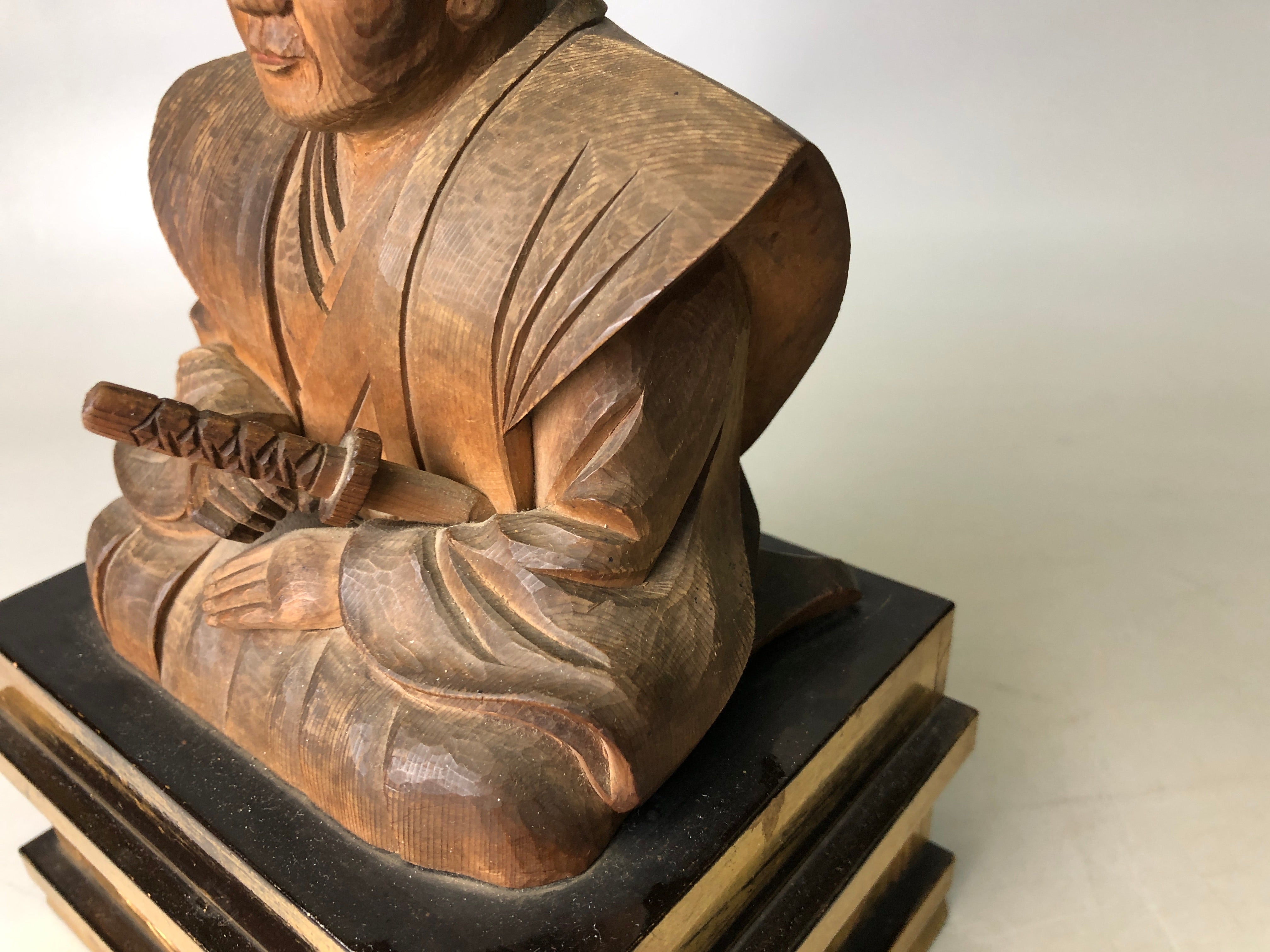 Y7786 STATUE wood carving Samurai figurine signed Edo Japan