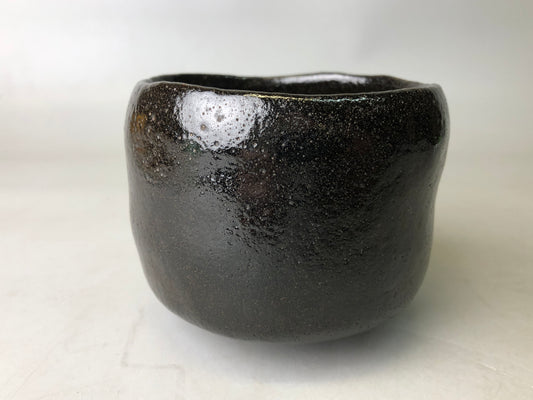 Y7790 CHAWAN Raku-ware black bowl signed Japan antique tea ceremony pottery cup