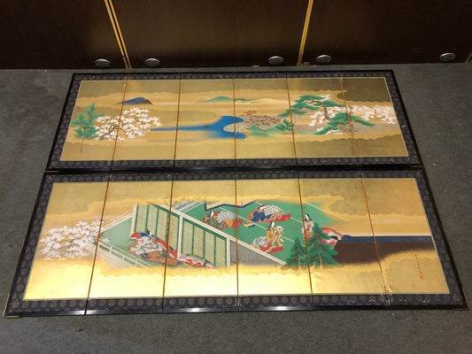 Y7803 BYOUBU 6 panel folding screen pair signed box Japan antique decor interior