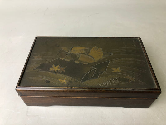 Y7809 BOX engraving Mandarin duck accessory case signed Japan antique container